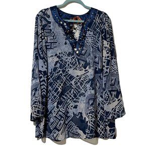 Susan Graver women’s sz 1X semi-sheer blue print long sleeve bejewel v neck top